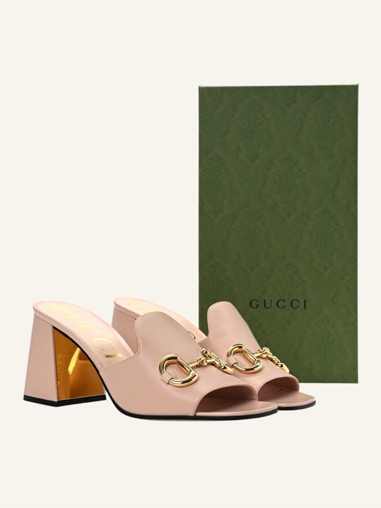 Gucci Shoes - Gucci Horsebit Pink & Gold Leather Open-Toe Block Heel Slide Sandals EU 36